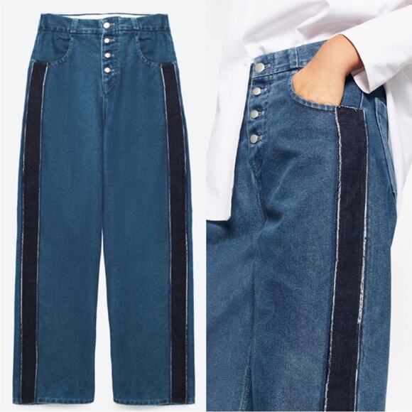 Zara Wide Leg Jeans Blue Denimwear Mom Fit Tuxedo Stripe High Waist pants Size 2 - Picture 1 of 16